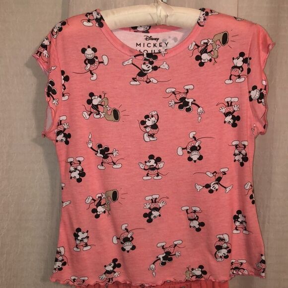 Disney 0-2 XS Coral Black White Mickey Mouse Short Sleeve Top & Shorts PJ Set - Picture 2 of 12